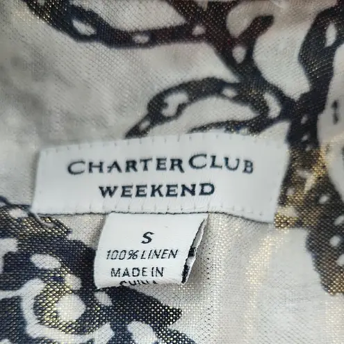 Charter Club Weekend Collection Linen Paisley Print Top White Navy Small