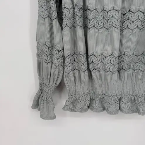 Womens Off Shoulder Smocked Lace Trimmed Blouse Long Sleeve Light Blue Size L Gray