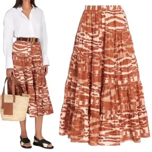 Ulla Johnson Aisa Silk Taffeta Tiered Midi Skirt Fawn Size 10 Ikat Animal Print