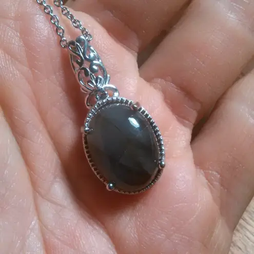 Malagasy Labradorite and Blue Topaz Platinum Bond Pendant Stainless Steel Chain