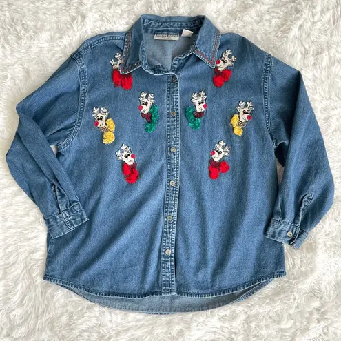 Dress Barn  Blue Denim Reindeer Holiday Christmas Button Front Shirt Women's 1X