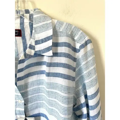 UNTUCKit Linen Cotton Striped Button Down Blouse Blue White Size 14 NEW