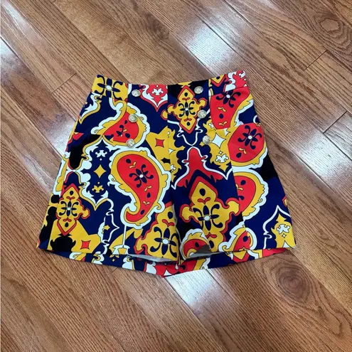 Boho Festival Print High Waist Shorts Gold Button Retro Style US 8 NEW Red
