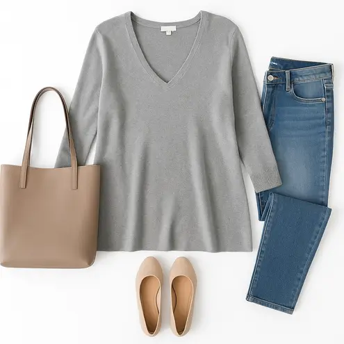 J Jill Gray Silk Wool Blend Oversized V Neck Tunic Sweater Women’s M in EUC Size M