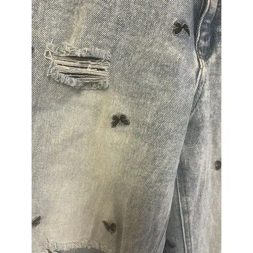Tinseltown Light Wash Distressed Embroidered Butterfly Raw Hem Skinny Jeans 7