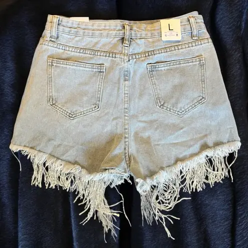Boutique NEW Pearl Rhinestone Silver Sequin Fringe Distressed Denim Shorts SZ L