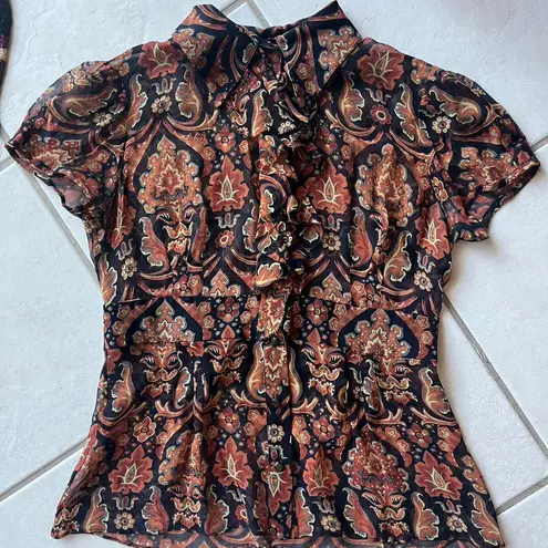 Etcetera Y2k vintage silk paisley sheer button up collared ruffled top blouse orange brown black retro XS