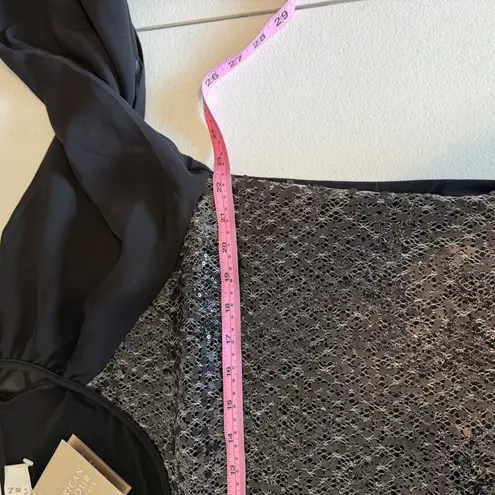 American Glamour Badgley Mischka Sequin Top Blouse Black Sheer Long Sleeves XL