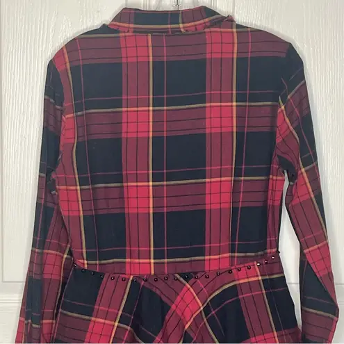 Belle Vere Sz M Plaid Frayed High Low Button Up Top Studded Waist Red Black