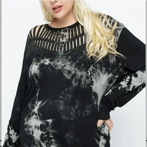 Vocal Black Bling Rhinestone Laser Cut Tie Dye Long Sleeve T Shirt Small NWT