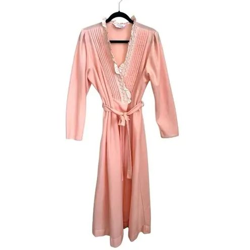 Vintage Womens Pink Lace Trimmed Pleated Robe Belted Long Sleeve sz m/l night Size M