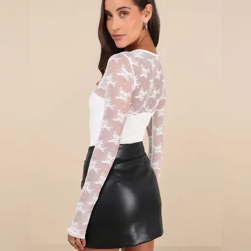 Lulus Sheer Sweet White Sheer Lace Crew Neck Long Sleeve Bodysuit Size Medium
