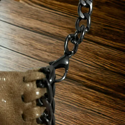 Custom Made Genuine Leather Mottled Tan Removable Gunmetal Chain Crossbody Bag