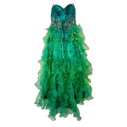 FIESTA Emerald Green Peacock High Low Ruffled Gown Dress Sequin Bling Glam Sz L Size L