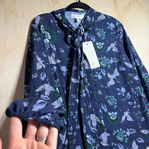 Vanessa Williams Bow Blouse NWT Size Small Blue Crane Floral Print Long Sleeve