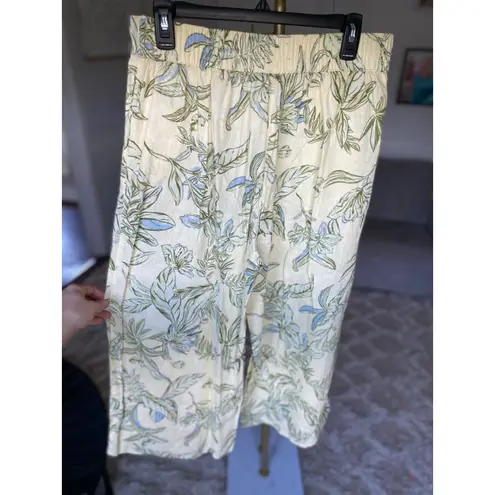 Tahari Wide Leg Pants 100% Linen Tropical Leaf Print Cropped Pockets Resort Vaca