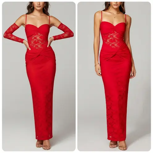 Nookie Lene Lace Maxi Dress W/ Gloves, Red, Small