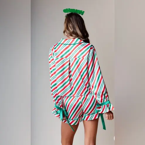 Rareraw Velvet Stripe Ribbon Knot Candy Cane Christmas 2pcs Pajama Set M Red Size M