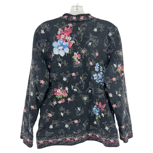 Denim & Co  (M) VINTAGE 90s Womens Black Floral Embroidered Button Up Jean Jacket