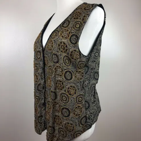 Vintage HG NY Vest Beaded Medallion Print Button Down Black Gold Womens Size M