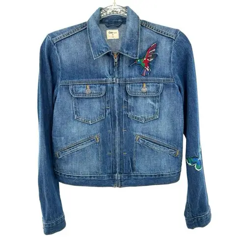 Gap  Embroidered Denim Jeans Jacket Zip Up Patches Boho Hippie Size XS