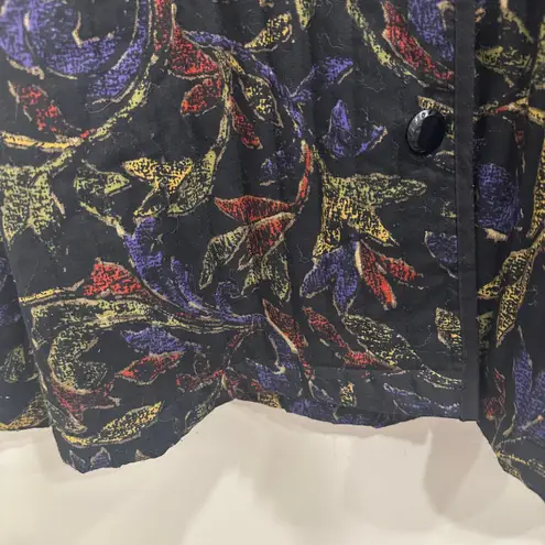Vtg 80s Alicia Black Quilted Floral Jacket Leaf Print Cottage Fall Prairie Large