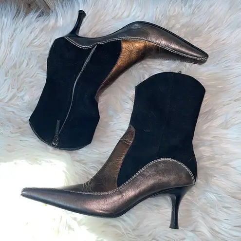 Donald J Pliner Black Suede & Metallic Leather Heeled Ankle Boots Size 6