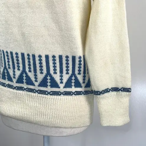 Vintage Cardigan Handmade Knit Fairisle Acrylic Jeanne Legpage Ivory Blue Winter