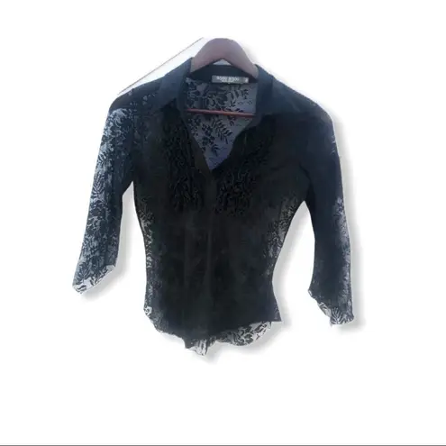 Bisou Bisou ‎ Sheer Black Lace Shirt