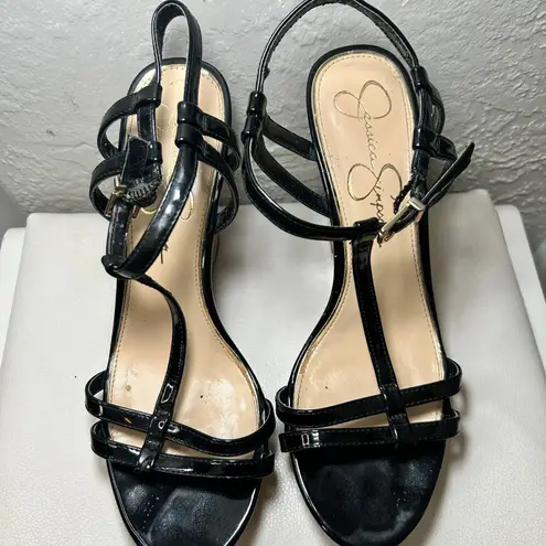 Jessica Simpson  Black Patent T-Strap Cork Wedge Sandals Platform Heels Women's 9