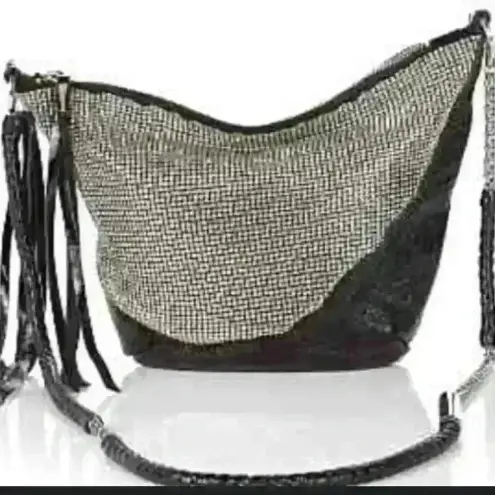 Metallic Silver & Black Purse Hobo Bag Chain Strap & Tassel Detail