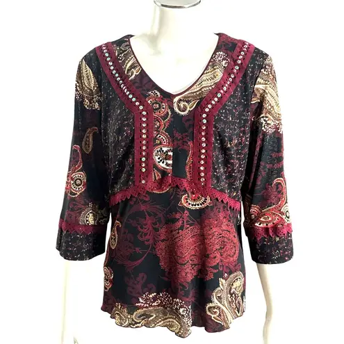 Sangria Size 10 Burgundy Paisley Studded V Neck Lined Blouse Vintage Boho Core