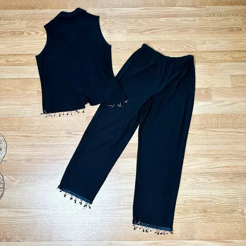 Ronni Nicole Vintage 90s Beaded Two Piece Capri Pantsuit Rainbow Beaded Hemline