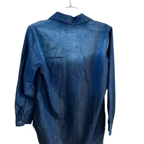 Thrill blue jean button down casual western d ring strap pocket dress shirt Size M