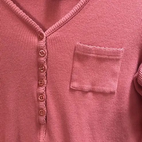 Sundance Waffle Knit Thermal Pocket Henley Long Sleeve Top Large Coral Cotton