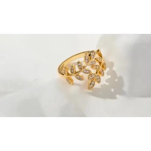 Boutique NEW Women's 14k Gold‎ Filled Solid Leaf Simulated Diamond Adjustable Ring