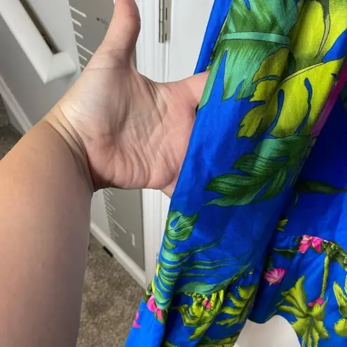 HILO HATTIE Vintage 80s Blue Hawaiian Print Midi Dress Size Large