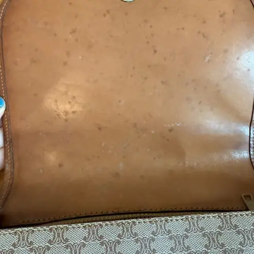 CELINE Vintage Crossbody Bag Macadam Canvas And Tan Brown Leather Trim With Gold