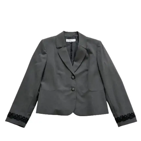 Tahari ASL Blazer Jacket Petite Charcoal Gray Black Lace Trim Career Size 12P