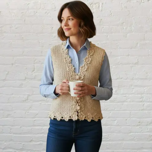 Croquet Club Vintage Silk Crochet Vest L • Ivory Handcrafted Boho Chic Size L