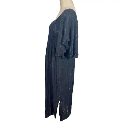 Farm Rio Anthropologie  Luiza Metallic Crochet Flutter Sleeve Maxi Dress Black