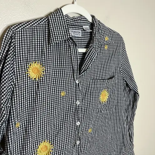 Women's Vintage Button Up Gingham Plaid Sun Flower Embroidery Boho Preppy Retro White Size M - Image 4