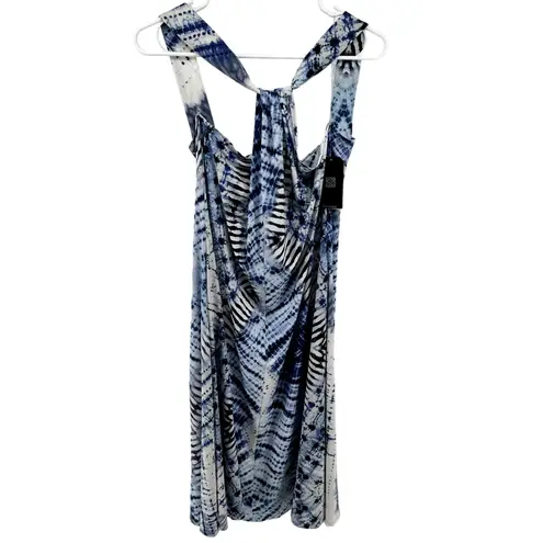 Clara Sun Woo Grecian Halter Swing Dress Acid Wash Printed Mini Blue White L NWT Size L