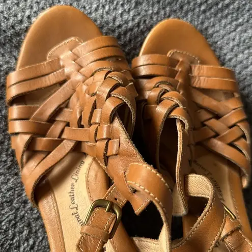 Sofft Cognac Woven Leather Slingback Wedge Sandals Size 6.5M Brown