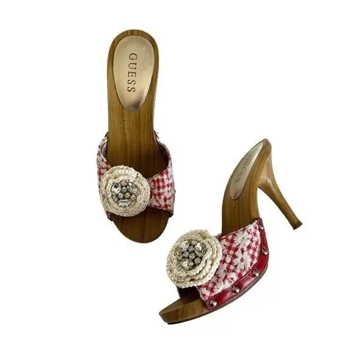 Guess  Malva Y2K Red & White Embroidered Gingham Retro Style Heeled Sandals Sz 8