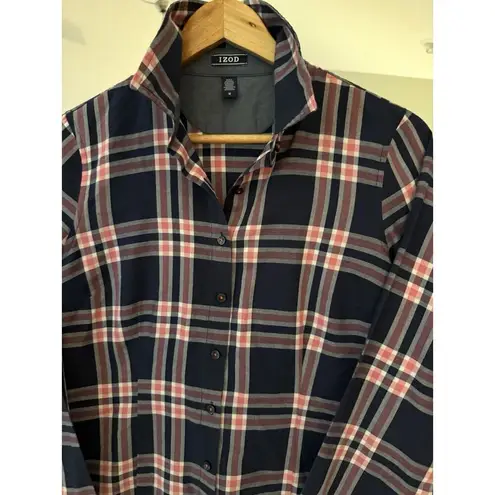 IZOD Women's Navy & Pink Plaid Button Up, Long Sleeve Shirt Size Medium