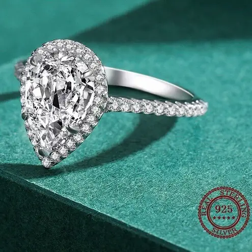 Sterling Silver SIZE 7 925 3CT Emerald Cut Sparkling Water Drop Shape Rings