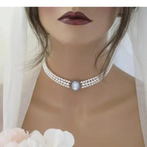 NEW BlingBaddaBoom Blue Cameo Earrings and Choker Set Pearl Regal Bridal Silver