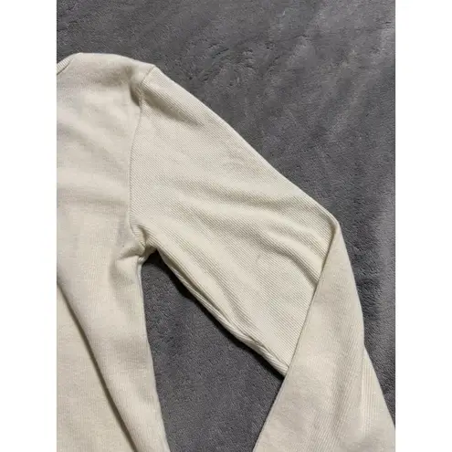 Open Edit SZ Large Women Cream Long Sleeve Ribbed Bodysuit Organic Cotton Blend