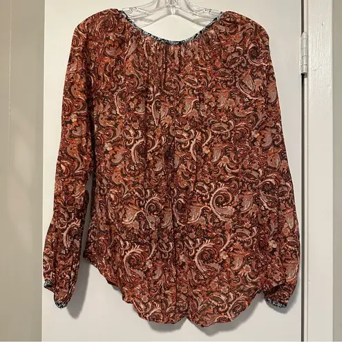 Free People  Burnt Orange Paisley Pleated Boho Front Tie Blouse size S